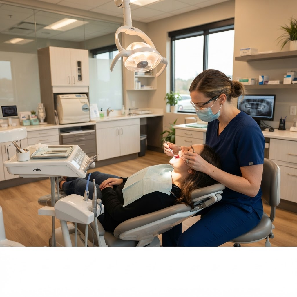 Dentist performing a dental check-up with mirror and tool